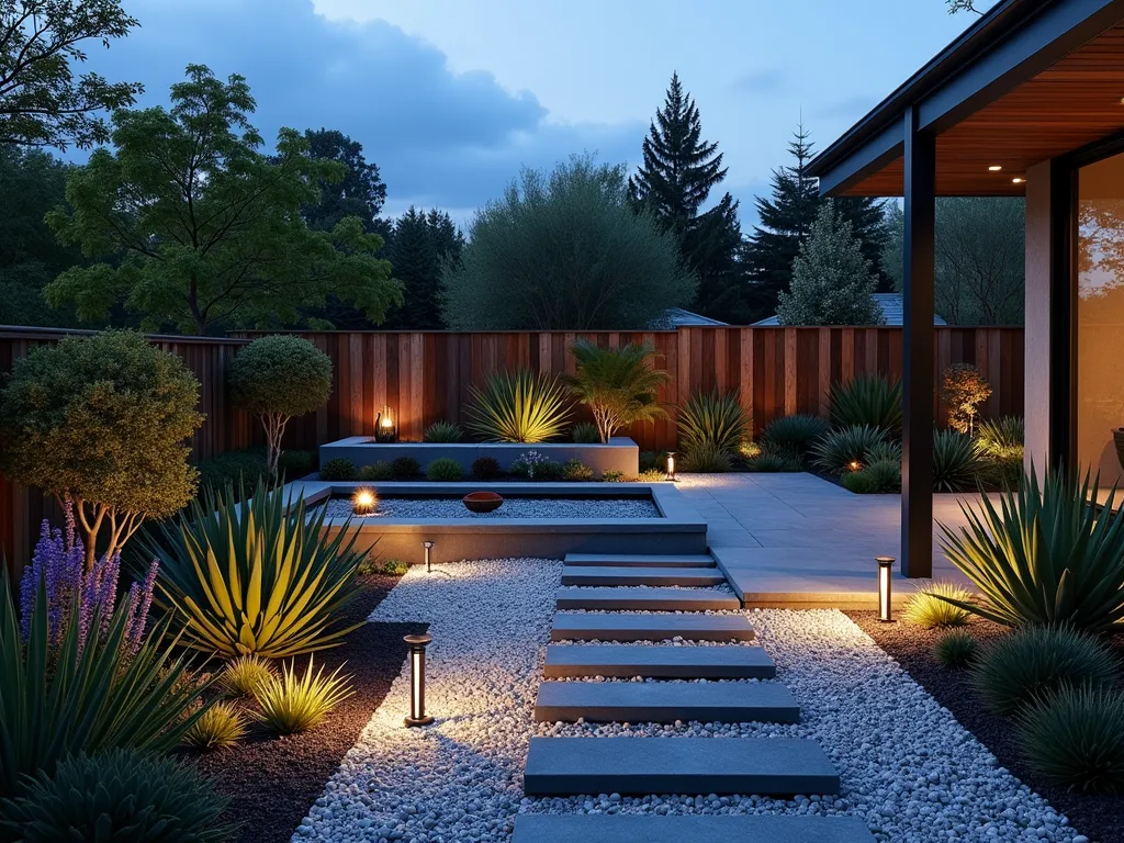 Modern Gravel Garden with Sculptural Elements - A twilight photograph of a modern suburban garden featuring a striking geometric pattern created with light grey and charcoal gravel paths. The garden showcases architectural Agave plants and tall ornamental grasses backlit by modern LED ground lights. A contemporary brushed steel sculpture serves as a focal point, casting dramatic shadows. Drought-resistant Mediterranean plants including lavender and euphorbias provide texture, while a sleek water feature adds movement. Shot with a wide-angle lens at dusk, capturing the ambient lighting and the warm glow of modern bollard lights along the gravel pathways. Photorealistic, high-end landscape design, cinematic lighting, 16-35mm lens, f/2.8, ISO 400.