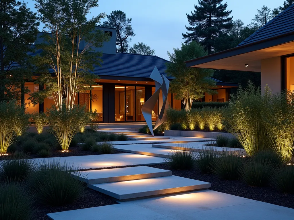 Modern Sculpture Garden at Dusk - A sophisticated suburban garden space photographed at dusk with a wide-angle DSLR lens, f/8 aperture, capturing a striking modern metal sculpture as the centerpiece, its angular forms illuminated by strategic ground lighting. Clean-lined concrete pathways intersect geometrically, bordered by carefully positioned Miscanthus grasses and black bamboo creating dramatic silhouettes. Minimalist planting beds feature sculptural agaves and architectural Yucca plants. Modern LED strip lighting subtly illuminates the pathways, while spotlights highlight the metallic sculpture's reflective surfaces. The background shows a contemporary house facade with large windows reflecting the garden's artistic elements. The composition emphasizes negative space and strong geometric patterns, photographed with natural twilight mixing with artificial lighting for maximum dramatic effect.