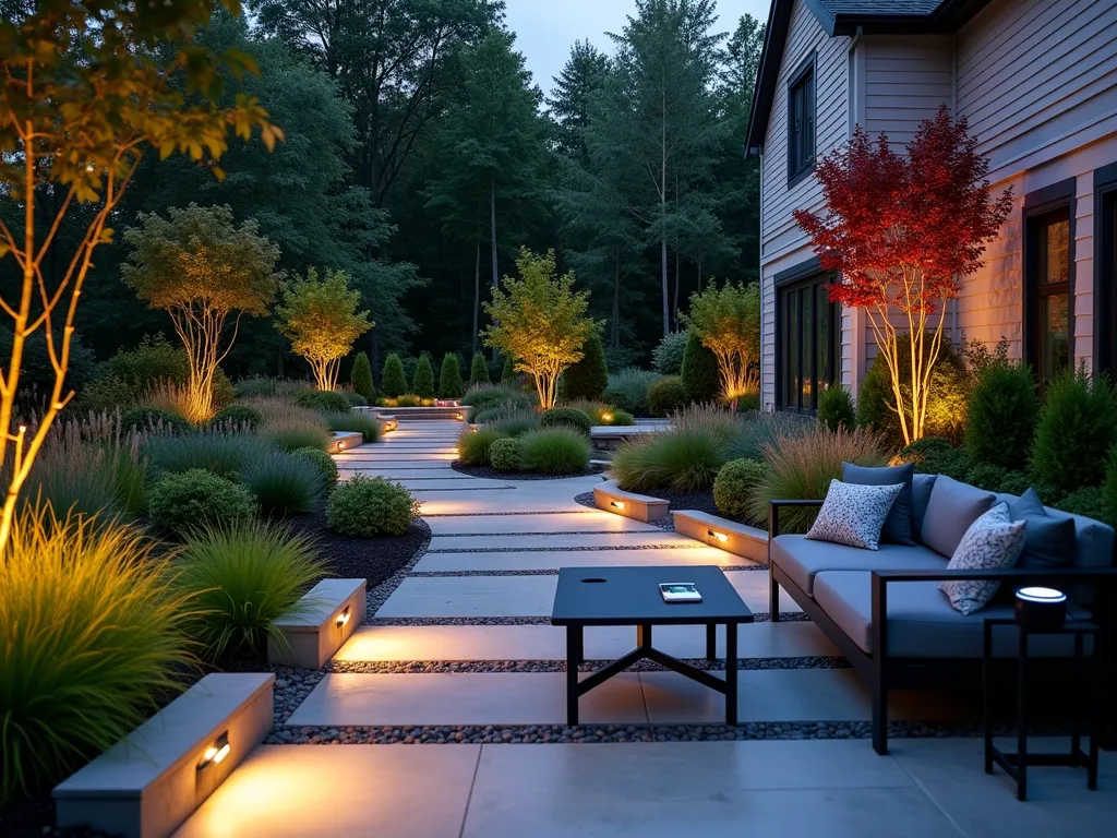 Modern Smart Garden Oasis at Dusk - A sophisticated suburban backyard garden at dusk, shot with a wide-angle lens showcasing seamless integration of technology and nature. Curved LED pathway lights illuminate a contemporary stone path, while discrete smart sprinklers activate in the background. Modern charcoal-colored outdoor seating features built-in USB charging ports and ambient lighting. Sleek solar-powered bollard lights dot the landscape, while a weather station subtly monitors conditions. Smart phone on a side table displays garden monitoring app. Architectural plants like Japanese maples and ornamental grasses are perfectly lit by programmable landscape lighting, creating dramatic shadows. The scene is captured with a DSLR camera at f/8, ISO 100, 1/125 sec, emphasizing the interplay between natural and artificial lighting in this tech-enhanced garden sanctuary.