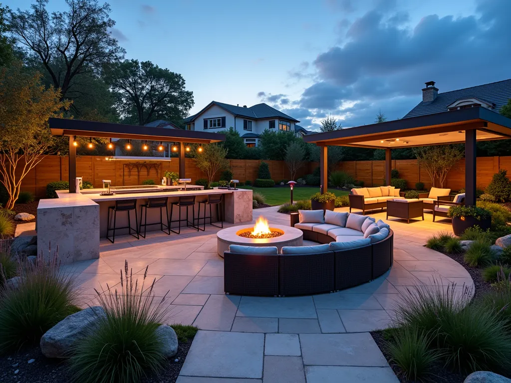 Modern Suburban Garden Entertainment Hub - A twilight wide-angle photograph of a luxurious suburban garden entertainment space, featuring multiple interconnected zones. In the foreground, a contemporary L-shaped outdoor kitchen with sleek stainless steel appliances and a marble-topped bar with modern bar stools. The center showcases a circular conversation pit with plush weatherproof sectional seating around a modern gas fire pit, illuminated by warm LED string lights overhead. To the right, an intimate lounge area beneath a modern pergola with retractable canvas shade, featuring deep-seated wicker furniture and outdoor heaters. The spaces are connected by wide stone pathways lined with ornamental grasses and Japanese maples. Ambient landscape lighting casts a warm glow throughout, while strategically placed potted olive trees and lavender provide natural privacy screens. The scene is captured during the golden hour, with subtle landscape lighting beginning to illuminate the space.