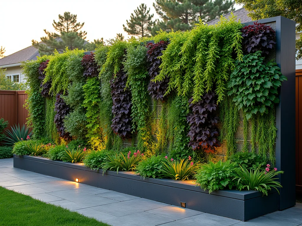 Modern Vertical Garden Wall with Mixed Plants - A stunning vertical garden wall in a suburban backyard, photographed during golden hour. The living wall spans 12 feet high, featuring a meticulously designed pattern of cascading herbs, flowering perennials, and ornamental grasses. Automated drip irrigation lines are subtly visible among the lush greenery. The wall showcases varying textures and depths, with purple heuchera, trailing rosemary, climbing jasmine, and bright green ferns creating a tapestry of colors. Modern metal grid system visible between plantings adds architectural interest. Soft evening light casts gentle shadows across the textured surface, while LED accent lights begin to glow within the foliage. Shot with a wide-angle lens at f/8 to capture the full scope and depth of the installation, with the bottom third showing a modern slate patio transitioning into the vertical garden.