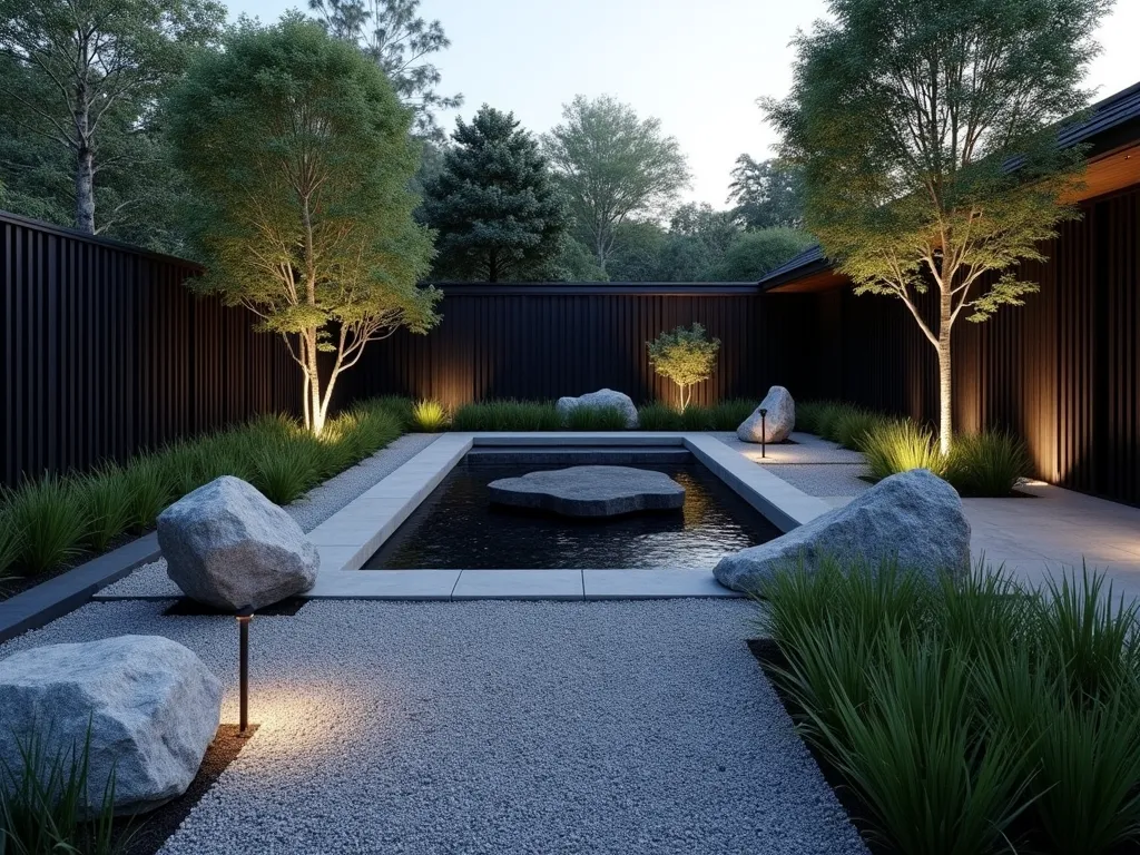 Modern Japanese Zen Garden at Twilight - A serene modern suburban garden at twilight, featuring a minimalist Japanese-inspired design. A smooth gravel path winds through strategically placed granite boulders and perfectly cloud-pruned Japanese holly trees. In the center, a geometric reflection pool with dark tiles captures the fading light, surrounded by swaying Hakone grass. Sleek black bamboo screens provide privacy and vertical interest, while modern LED ground lights illuminate the path. Clean-lined concrete benches offer meditation spots, and maple trees cast gentle shadows. The space is photographed from a raised angle to showcase the harmonious layout and flow of the design, with soft twilight creating a mystical atmosphere.