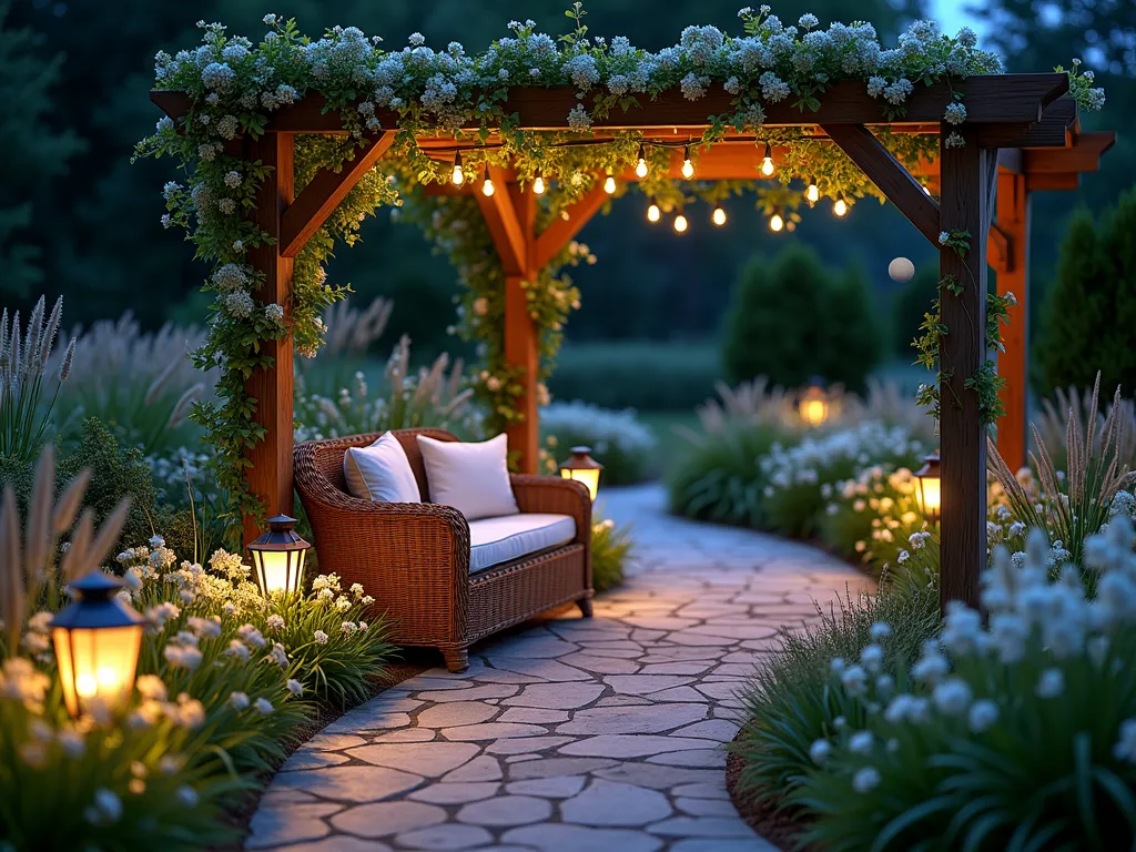 Moonlit Garden Sanctuary - A magical evening garden scene captured at dusk, featuring a curved stone pathway illuminated by soft copper path lights. White moonflowers and evening primrose bloom abundantly, their petals catching the moonlight and creating an ethereal glow. A cozy wicker loveseat with plush cushions sits beneath a wooden pergola draped with climbing white jasmine. Strategic uplighting highlights ornamental grasses and creates dramatic shadows. Night-scented stock and nicotiana line the pathway, their fragrant blooms opening in the twilight. In the background, Japanese forest grass sways gently, while solar-powered lanterns hang from shepherd's hooks, casting a warm, romantic ambiance. Shot with a wide-angle lens capturing the entire intimate setting, with subtle bokeh effects in the background highlighting twinkling garden lights. Photographed during the blue hour for optimal lighting balance.