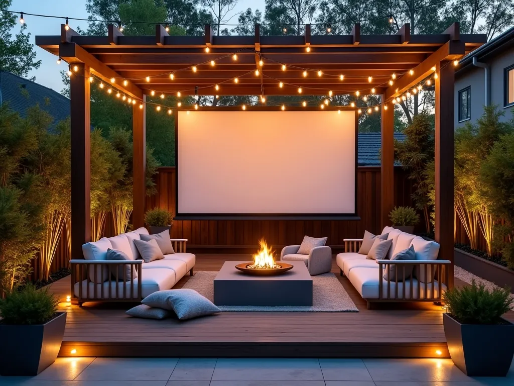 Evening Outdoor Cinema Garden Retreat - A wide-angle, twilight shot of a luxurious suburban backyard cinema garden, featuring a large white projector screen mounted beneath a modern wooden pergola. Plush outdoor sofas and armchairs with cream cushions are arranged theater-style on a raised composite deck. Soft, warm illumination from Edison-style string lights criss-crossing overhead creates a magical atmosphere. Tall bamboo plants and ornamental grasses provide natural sound barriers along the perimeter, while climbing jasmine adorns the pergola posts. Professional DSLR photo with dramatic depth of field captures the ambient lighting from copper pathway lights and the warm glow of a modern fire pit. The scene includes scattered outdoor throw pillows and cozy blankets, with subtle landscape lighting highlighting architectural plants in contemporary planters. 8K resolution, cinematic composition, golden hour lighting.