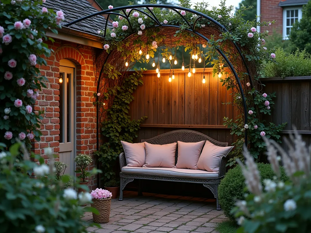 Enchanted Secret Garden Nook at Twilight - A DSLR wide-angle photograph of a secluded garden nook at twilight, featuring a weathered wrought iron archway draped with blooming pink climbing roses and white jasmine. Soft fairy lights illuminate a cozy vintage iron bench with plush cushions nestled against aged brick walls covered in flowering sweet peas. Natural privacy screens created by tall ornamental grasses and climbing vines frame the intimate space. Warm evening light filters through the foliage, creating magical shadows on the cobblestone path. The scene is captured with perfect depth of field at f/8, highlighting both delicate flower details and the overall romantic atmosphere. Gentle bokeh effects from string lights add to the enchanted ambiance.