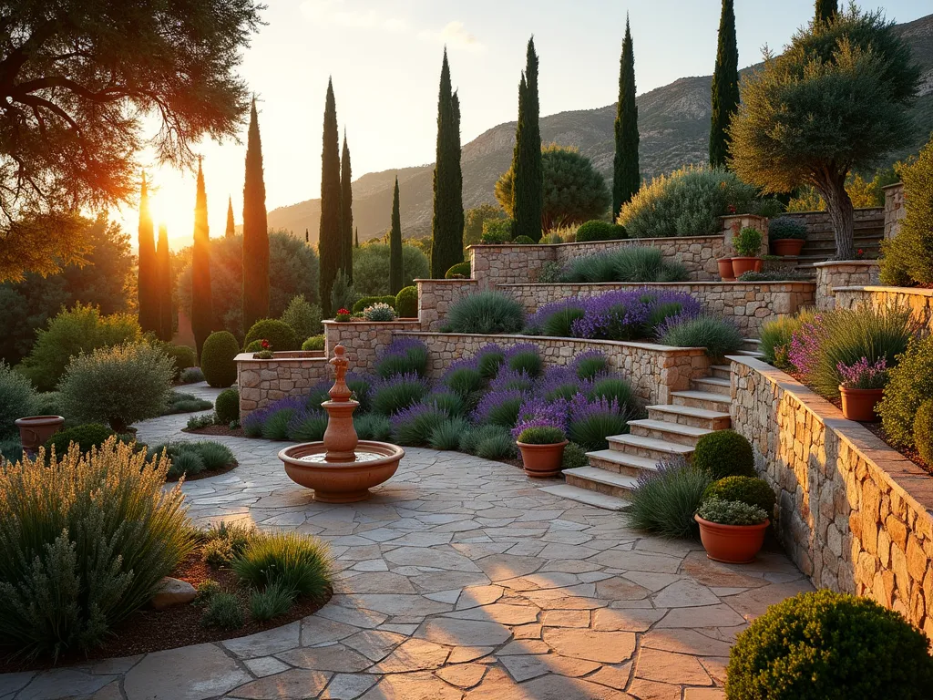 Tiered Mediterranean Garden at Golden Hour - A stunning wide-angle photograph of a tiered Mediterranean garden at golden hour, captured with a 16-35mm lens at f/2.8, ISO 400. Three elegant stone retaining walls create dramatic levels, adorned with cascading lavender and flowering rosemary. Ancient olive trees cast long shadows across weathered stone pathways. A classical terracotta fountain serves as a central focal point, its water catching the warm evening light. Scattered terracotta pots filled with Mediterranean herbs and cypress trees frame the scene. Natural stone steps wind through the levels, while built-in stone benches offer peaceful seating areas. The garden is beautifully lit by the setting sun, creating a warm, inviting atmosphere that emphasizes the textures of the drought-resistant plants and rustic stonework. In the background, mature Italian cypress trees provide vertical interest against a warm sky.