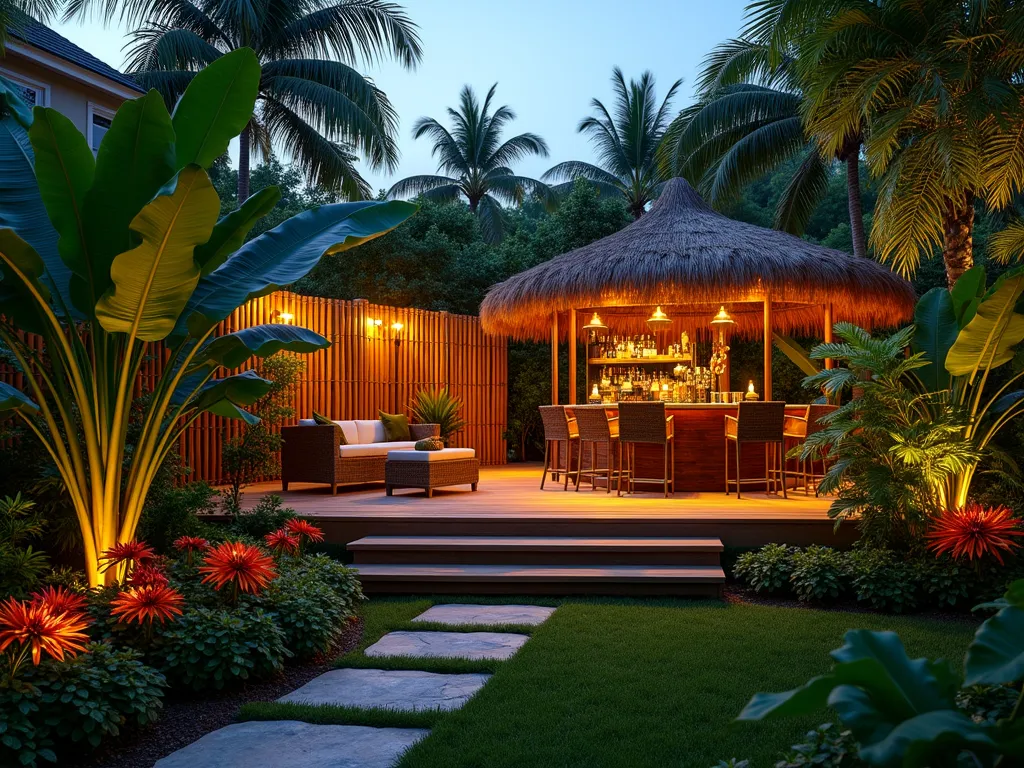 Luxurious Tropical Suburban Garden Oasis - A stunning dusk scene of a luxurious suburban backyard transformed into a tropical paradise, featuring a raised wooden deck surrounded by towering bamboo screens. Large-leafed banana trees and majestic tree ferns create dramatic shadows in the warm evening light. Vibrant red and orange cannas bloom in carefully arranged beds, while strategic uplighting illuminates the tropical foliage. A cozy tiki bar area with rattan furniture sits on the deck, decorated with string lights that cast a warm glow across the space. Stone pathways wind through the lush greenery, leading to a small water feature. The composition is shot from a slightly elevated angle to capture the entire space, emphasizing the layered tropical plantings and the intimate entertainment area, with the deck as the focal point. Photorealistic, architectural photography style, cinematic lighting.