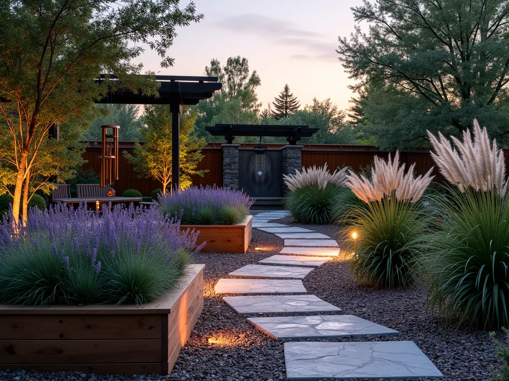 Twilight Sensory Garden Retreat - A serene suburban sensory garden at dusk, captured with a wide-angle 16-35mm lens at f/2.8, ISO 400. The foreground features raised cedar planter boxes filled with lavender, rosemary, and silver-leaved artemisia, their soft purple blooms catching the last golden light. Ornamental grasses sway gently, creating natural movement and sound. A modern copper wind chime hangs from a pergola draped with jasmine, while a sleek stone water feature provides gentle cascading sounds. LED path lighting illuminates a curved pathway made of textured natural stone. Mexican feather grass catches the evening breeze, creating a dancing silhouette against the twilight sky. The composition includes tactile elements like smooth river stones and rough bark mulch, with strategic lighting highlighting the various textures. The garden is photographed from a slightly elevated position to showcase the layered sensory elements and accessible design.