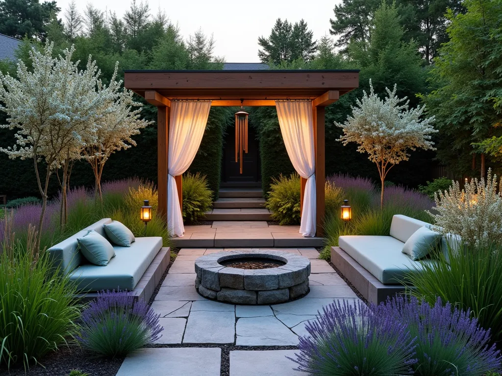 Twilight Zen Garden Sanctuary - A serene suburban meditation garden at dusk, photographed with a 16-35mm lens at f/2.8, ISO 400. A wide-angle shot captures a intimate garden space nestled within natural stone pavers. Central focus on a modern wooden pergola with billowing white curtains, surrounded by soft-moving ornamental grasses and Japanese forest grass. A stone water feature creates gentle cascades, while copper wind chimes hang delicately from the pergola. Natural stone benches with plush waterproof cushions in muted sage green provide comfortable seating. Purple and white flowering lavender borders the space, with Japanese maples adding height and structure. Warm LED landscape lighting creates a soft, atmospheric glow. White flowering moonflowers open in the twilight, adding ethereal beauty. The scene is composed with careful attention to balance and negative space, embodying zen principles.