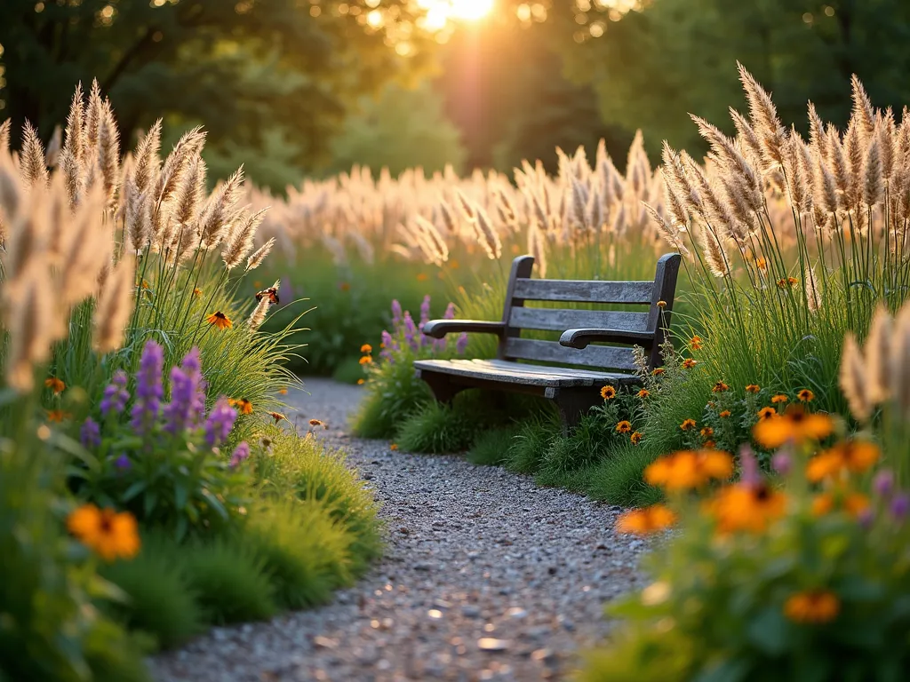 Dreamy Urban Prairie Garden at Sunset - A serene suburban garden at golden hour, featuring a winding gravel path through tall, swaying ornamental grasses like Feather Reed Grass and Blue Oat Grass. Native purple coneflowers, black-eyed susans, and butterfly milkweed bloom abundantly among the grasses. A weathered wooden bench sits in a cozy nook, surrounded by flowing Switchgrass catching the warm evening light. The garden has a natural, meadow-like appearance with layers of texture and height. Soft bokeh effect in foreground showing detailed grass seed heads, while the background captures the full garden composition with dappled sunlight filtering through the moving grasses. Professional landscape photography, cinematic lighting, high-end garden design.