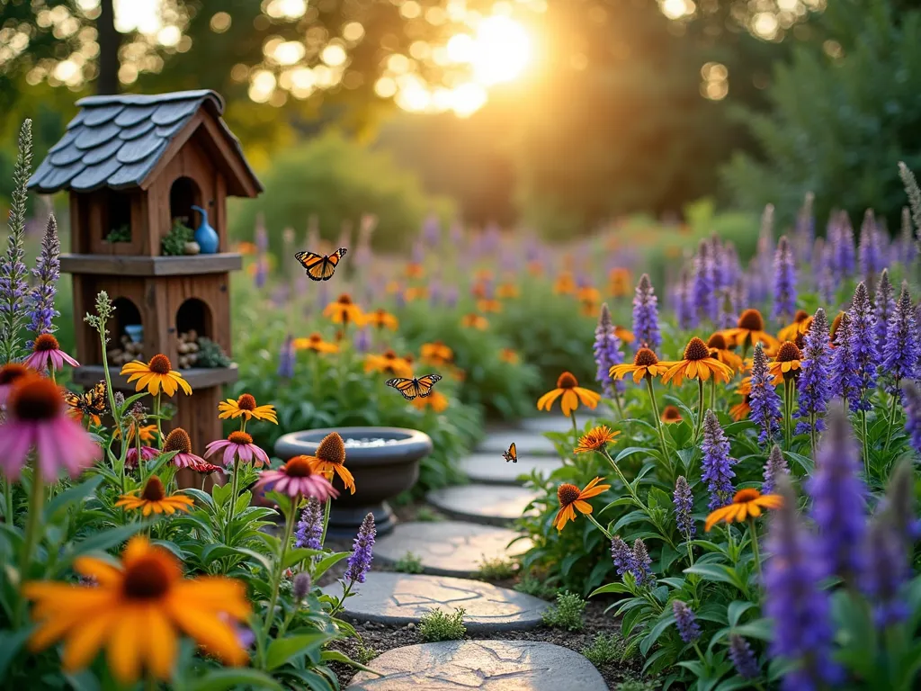 Vibrant Pollinator Paradise Garden - A serene suburban garden scene at golden hour, shot with a wide-angle lens capturing a multi-level pollinator garden. In the foreground, clusters of purple coneflowers, bright orange butterfly weed, and deep blue salvia sway gently in the light breeze. A decorative stone pathway weaves through the garden, leading to a charming wooden insect hotel adorned with various natural materials. A shallow ceramic bird bath with small stones creates a safe water source for pollinators. Several Monarch and Swallowtail butterflies float gracefully between blooms while honey bees busy themselves among the flowers. Soft, warm sunlight filters through the foliage, creating a magical atmosphere with natural bokeh effects. The garden features strategic layering with tall joe-pye weed and butterfly bush in the background, medium-height black-eyed susans in the middle, and creeping thyme ground cover in the front, all arranged in a naturalistic cottage garden style.