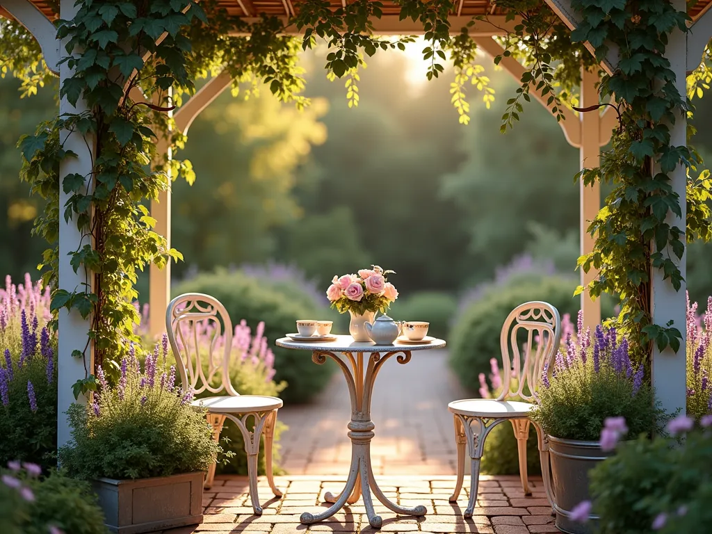 Enchanted Vintage Tea Garden at Sunset - Professional photograph of a dreamy vintage tea garden at golden hour, featuring a white wrought-iron gazebo draped with climbing pink David Austin roses. A weathered antique iron table set with mismatched vintage teacups sits beneath, surrounded by lush borders of English lavender and cottage roses in soft pink and cream. Vintage brass watering cans and ceramic teapots repurposed as planters display cascading ivy and delicate purple campanula. Dappled evening sunlight filters through the gazebo's lattice, creating romantic shadows across a weathered brick pathway lined with blooming flowers. Shot with a wide-angle lens to capture the enchanting atmosphere, with selective focus on the intimate tea setting. Photorealistic, highly detailed, soft evening lighting, 16-35mm, f/2.8, ISO 400.