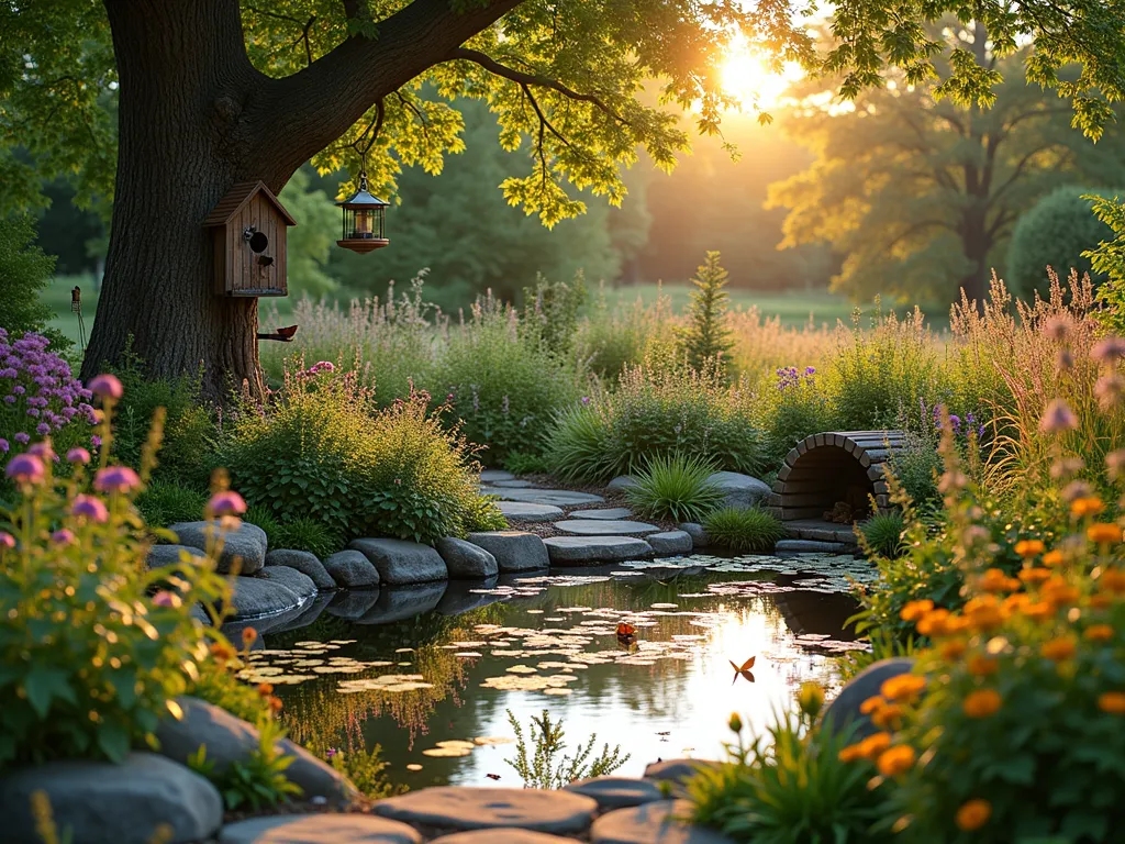 Wildlife-Friendly Suburban Garden Sanctuary - A serene late afternoon suburban garden scene captured with a wide-angle DSLR lens (f/8, ISO 100, 1/125s). The layered garden features a naturalistic design with a small wildlife pond in the middle ground, surrounded by native flowering plants. Purple coneflowers, black-eyed susans, and butterfly bush create splashes of color while attracting butterflies. A rustic wooden bee hotel mounted on a post stands amid tall native grasses. Bird feeders hang from a mature oak tree, while a carefully arranged log pile provides shelter for small creatures. Golden hour sunlight filters through the foliage, creating a magical atmosphere as birds visit the feeders and butterflies dance between blooms. Water reflects the warm light, with water lilies dotting the surface of the pond. Natural stone pathways weave through the diverse plantings, connecting different areas of this suburban wildlife haven.