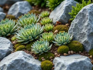 Alpine Succulent Garden - Close-up of an alpine-inspired rock garden with hardy Sempervivum and Sedum varieties tucked between crevices of gray slate rocks, creating a natural mountain scene.