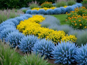 Blue and Gold Contrast Garden - Close-up of a stunning contrast garden featuring blue Senecio mandraliscae against golden Sedum nussbaumerianum, arranged in waves