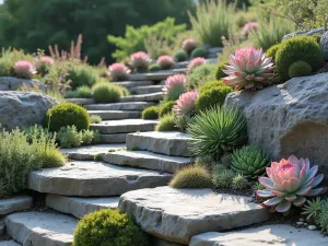 Cascading Rock Garden Succulents - A naturally tiered rock garden with cascading succulents, featuring Echeveria and Sedum flowing down multiple levels of weathered granite. Soft morning light highlighting the pastel colors of the plants.