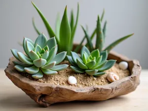 Coastal Driftwood Arrangement - Natural driftwood piece serving as a planter for small succulents and air plants, with beach sand and shells as decoration, close-up view