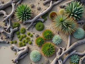 Coastal Succulent Garden - Aerial view of a coastal garden featuring ice plants, dudleya, and other succulents naturally growing among weathered driftwood and sand