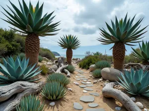 Coastal Succulent Landscape - Wide angle view of coastal succulent garden featuring large aloe trees, blue senecio, and ice plants growing among weathered driftwood and shells