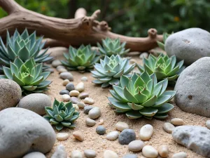 Coastal Rock Garden - Beach-inspired succulent garden with smooth pebbles and driftwood, featuring ice plants and dudleya among weathered coastal rocks with sand accents.