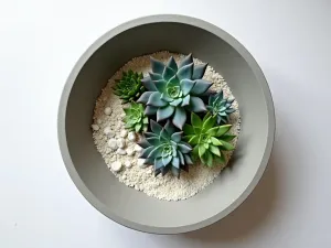 Concrete Bowl Zen Garden - A minimalist concrete bowl containing a carefully arranged selection of green and blue succulents, with white sand and small stones, photographed from above