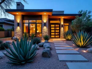 Contemporary Rock Garden - A modern front yard featuring large specimen agaves and aloes arranged among angular boulders and crushed stone, with LED strip lighting, twilight scene