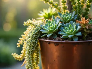 Copper Pot Succulent Cascade - Close-up of trailing succulents cascading down a tall copper container, featuring String of Pearls and Burro's Tail, with morning sunlight creating magical highlights