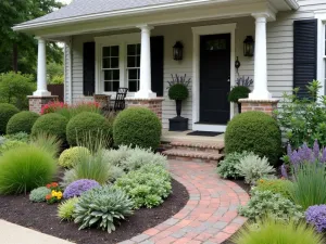 Cottage Succulent Border - A charming cottage-style front yard with a mixed border of drought-resistant succulents, including flowering Sempervivum and Sedum, interspersed with lavender and ornamental grasses