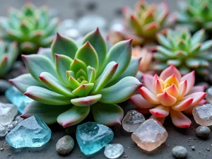 Crystal Garden Collection - Normal view of succulents with crystalline-looking leaves in various colors, arranged among clear and colored glass pieces for added sparkle