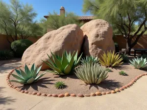 Desert Inspired Rock Garden - Large natural rock formation used as a planting bed for desert succulents, including barrel cactus and agave, with sand and gravel, wide angle view