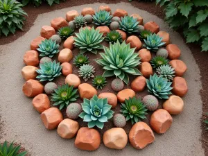 Desert-Inspired Succulent Rock Formation - Aerial view of a circular rock garden arrangement with Agave, Aloe, and Sempervivum creating a spiral pattern among red sandstone rocks. Desert-inspired design with crushed gravel pathways.