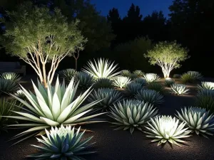 Desert Moon Garden - Night scene of a white-themed succulent garden with ghost plant, white sage, and luminous pale echeverias, illuminated by strategic landscape lighting