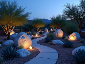 Desert Moonscape Garden - Wide-angle twilight view of a desert-inspired rock garden with pale moon-like rocks surrounded by ghost plants and blue agave, illuminated by subtle landscape lighting.