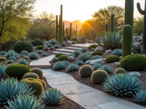 Desert Oasis Garden - A stunning desert-inspired succulent garden featuring layers of blue echeveria, golden barrel cactus, and tall saguaro, arranged on multiple levels with natural stone terraces, captured in warm sunset lighting