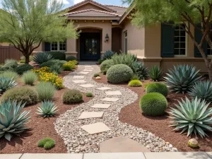 Desert Rain Garden - A water-wise front yard featuring swales planted with drought-tolerant succulents and native plants, including barrel cacti and agave, with desert cobble creating natural-looking drainage patterns