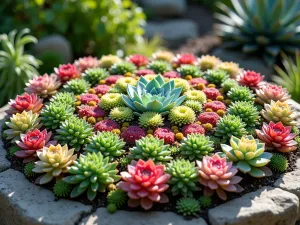 Desert Rainbow Succulent Garden - A vibrant succulent garden arrangement featuring concentric circles of colorful succulents, including echeveria, sedum, and aeonium, displayed in a natural rock garden setting under bright sunlight, photorealistic