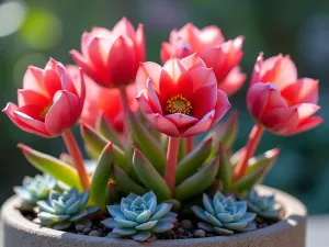 Colorful Desert Rose Display - Close-up view of vibrant pink and red desert roses (Adenium) with thick stems and delicate blooms, surrounded by small blue echeveria rosettes in a natural stone planter, soft morning light, photorealistic