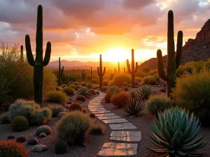 Desert Sunset Succulents - Dramatic wide-angle shot of a succulent garden at sunset, with tall saguaro cacti silhouettes and golden light illuminating beds of diverse succulents