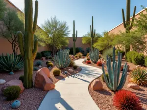 Desert Landscape Mini Garden - Wide view of a desert-themed succulent garden featuring golden barrel cactus, blue chalk sticks, and fire sticks euphorbia arranged among red rocks and white sand, late afternoon sunlight