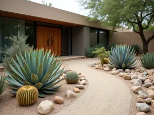 Desert Zen Garden - Close-up of a minimalist front yard featuring carefully placed large specimen succulents, including golden barrel cactus and blue agave, set among raked sand patterns and smooth river rocks