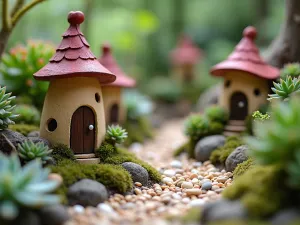 Fairy Garden Succulents - Whimsical close-up of a miniature succulent garden with tiny fairy houses, pebble pathways, and small-scale sedums and crassula