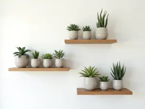 Floating Succulent Shelf - Wide angle view of minimalist floating wooden shelves mounted on a white wall, displaying a collection of succulent arrangements in coordinated concrete planters