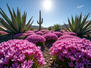 Flowering Succulent Meadow - Wide angle view of a flowering succulent meadow with blooming ice plant creating a carpet of pink and purple flowers, interspersed with tall flowering aloes