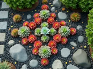 Geometric Succulent Pattern - Aerial view of a front yard featuring geometric patterns created with different colored succulents, including red Crassula, green Aeonium, and silver Dudleya, arranged in diamond shapes with black gravel borders