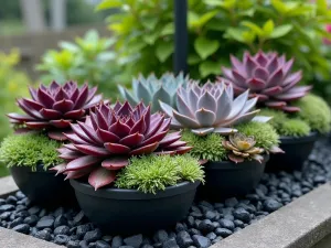 Gothic Succulent Garden - Dark-themed garden featuring black rose aeonium, purple heart tradescantia, and black knight echeveria in black containers with dark gravel mulch