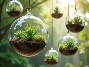 Hanging Glass Globe Collection - Multiple glass hanging globes containing air plants and small succulents, creating a floating garden effect, shot from below with natural backlighting