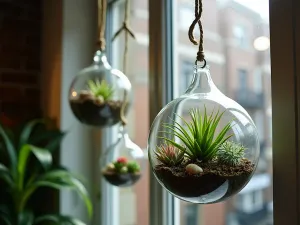 Hanging Succulent Terrariums - Three glass globe terrariums hanging at different heights, filled with air plants and small succulents, creating a beautiful window display in a small apartment, dramatic lighting