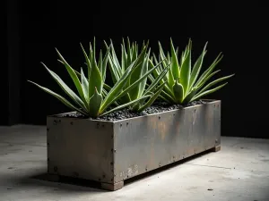 Industrial Metal Box Garden - A wide rectangular metal planter with an industrial finish, filled with geometric aloe varieties and dark stones, shot in dramatic side lighting