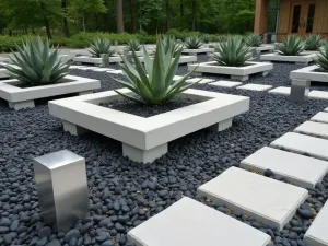 Industrial Modern Rock Garden - Contemporary rock garden combining raw concrete blocks with precise arrangements of geometric aloe plants and dark river rocks, featuring metal accents.