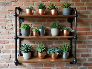 Industrial Pipe Succulent Display - Urban-style industrial pipe shelving unit mounted on exposed brick, featuring multiple levels of succulent planters in copper and concrete containers